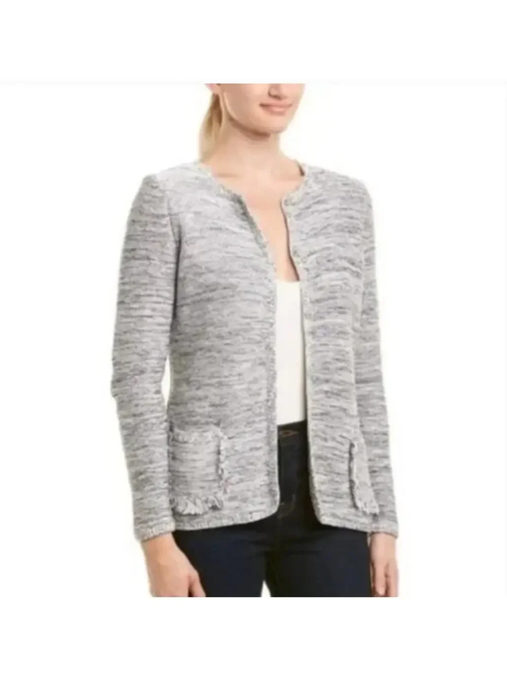 J. McLaughlin Gray Tweed Fringe Herringbone Jacket Cardigan with Pockets XL